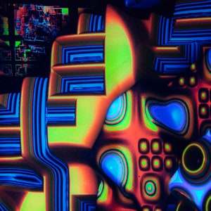 May include: Abstract digital art featuring a combination of geometric shapes and patterns in shades of blue, green, red, and orange.