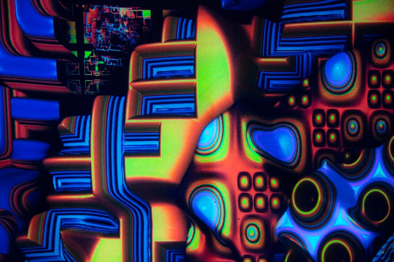 May include: Abstract digital art featuring a combination of geometric shapes and patterns in shades of blue, green, red, and orange.