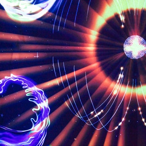 May include: Abstract art with a glowing orb in the center surrounded by lines of light. The background is a dark blue with a purple and green wave shape in the lower left corner.