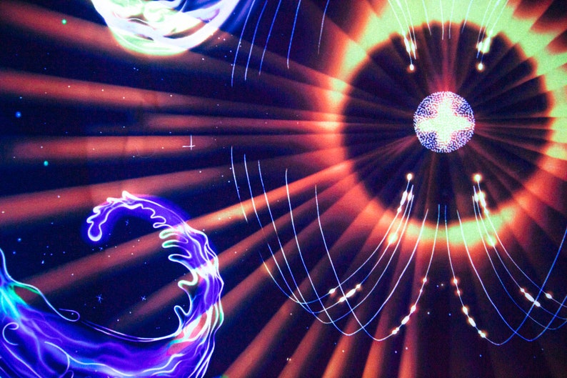 May include: Abstract art with a glowing orb in the center surrounded by lines of light. The background is a dark blue with a purple and green wave shape in the lower left corner.