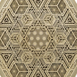 May include: A geometric design made of layered wood with a hexagonal shape and intricate patterns.