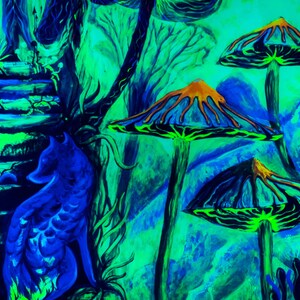 May include: A blue fox sits in a green and blue forest with large, colorful mushrooms. The mushrooms have orange, black, and green accents.