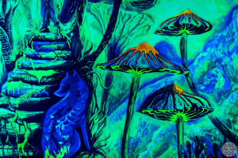 May include: A blue fox sits in a green and blue forest with large, colorful mushrooms. The mushrooms have orange, black, and green accents.