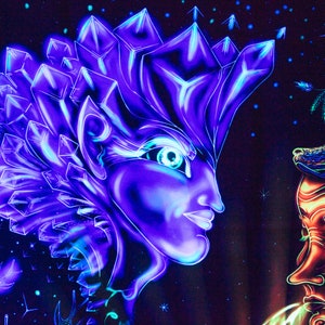 May include: A black background with two faces painted in neon colors. The face on the left is a woman with a crystal crown and blue and purple hair. The face on the right is a woman with a fox head and orange and green hair.