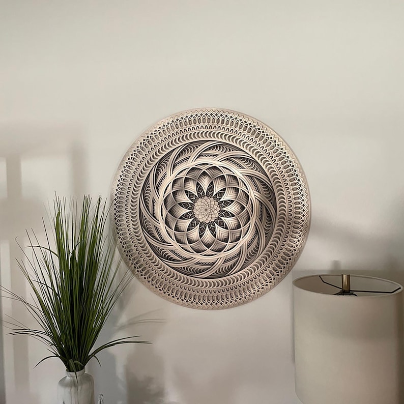 Arte mural de madera con geometría sagrada, decoración de pared de yoga, mandala de madera, decoración de pared bohemia, arte mural espiritual, decoración de sala de meditación, decoración de yoga para el hogar. imagen 9