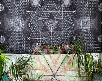 Sacred Geometry Tapestry, Techno Backdrop Deco, Psytechno Stage Deco, Spiritual Backdrop, Fractal Banner, Mystical Spiritual Art, Yoga