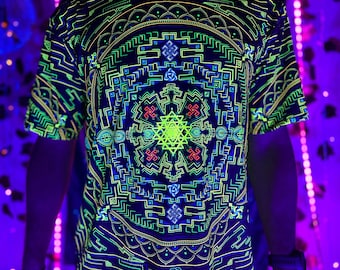 Fluorescent Festival T-shirt, Sacred Geometry Wear, Neon Tee, Fractal Wear, UV Reactive Wear, Blacklight Active, Party T-Shirt, UV Clothing