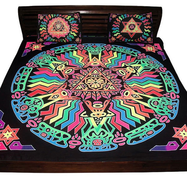 Psychedelic Bedset, Trippy Bedding, UV Bedset, Fluorescent bedset, UV-active Homewear, Blanket, Mandala, Duvet Cover, Bedroom decor, Set