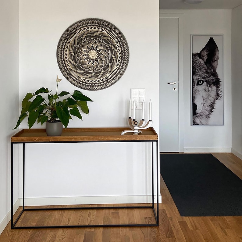 Arte mural de madera con geometría sagrada, decoración de pared de yoga, mandala de madera, decoración de pared bohemia, arte mural espiritual, decoración de sala de meditación, decoración de yoga para el hogar. imagen 10