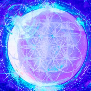 May include: A white geometric pattern, resembling a flower, is centered in a circle with a purple and pink background. The circle is surrounded by a blue and white dotted pattern.