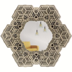 May include: A hexagonal mirror with a geometric pattern carved into the wood frame. The mirror is reflecting a room with a yellow couch and light fixtures.