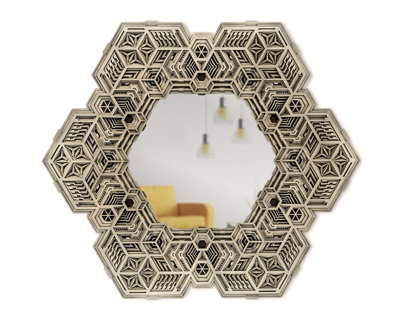 May include: A hexagonal mirror with a geometric pattern carved into the wood frame. The mirror is reflecting a room with a yellow couch and light fixtures.