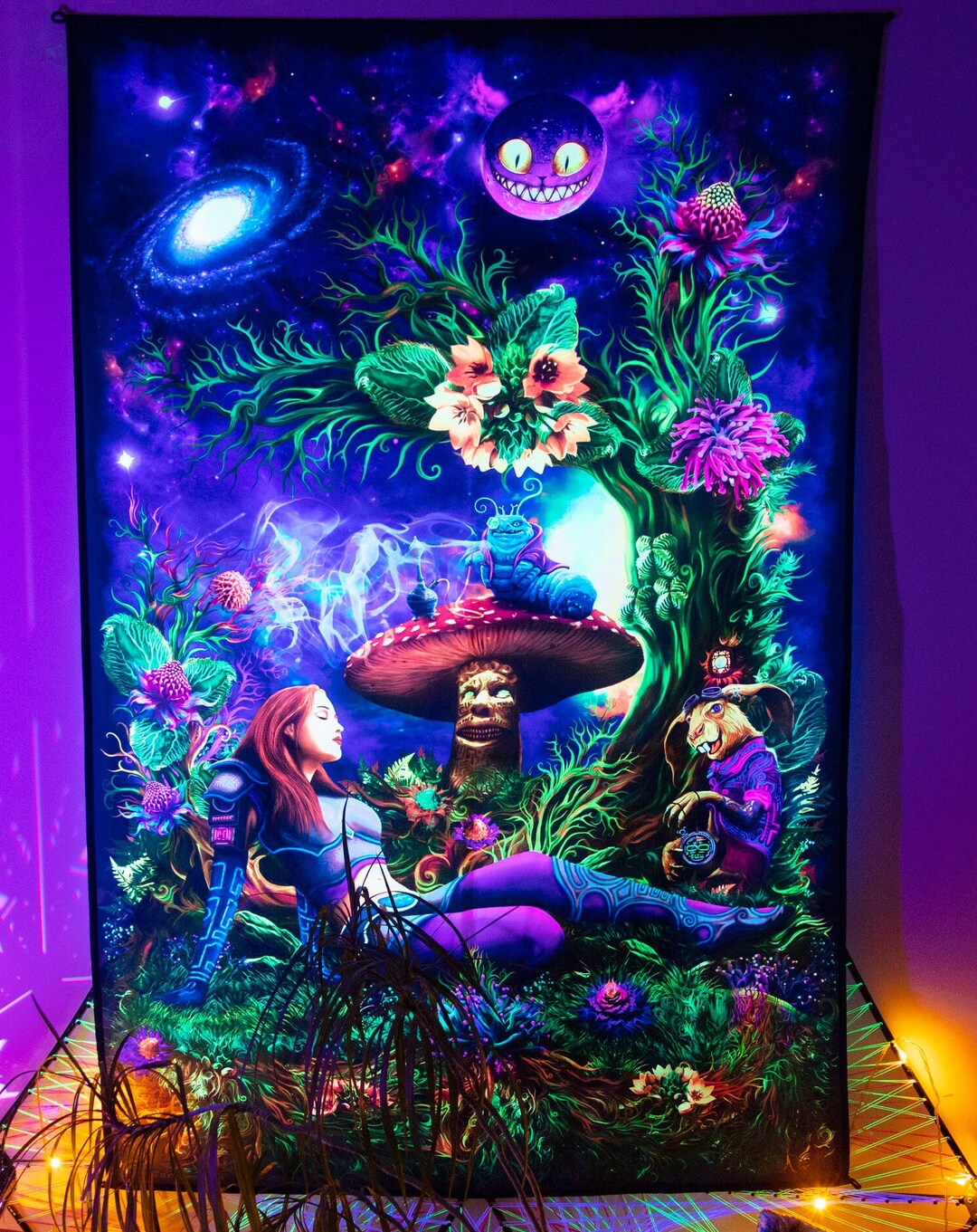 UV Blacklight Active Backdrop, Psychedelic Art Tapestry, Alice in