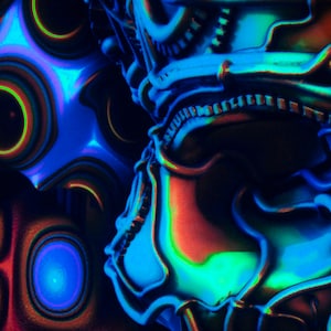 May include: Abstract digital art featuring a blue, green and red colour scheme. The image depicts a 3D design with a metallic, textured surface.