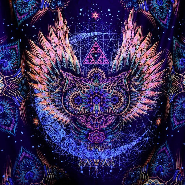 Psychedelic Festival Deco, Meditation UV Trippy Tapestry, Fluorescent Print, Spiritual Backdrop, Fluorescent Neon Art, Owl Bird Backdrop