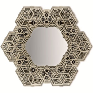 May include: A hexagonal mirror with a geometric, intricate wooden frame. The frame is made of multiple layers of wood, creating a 3D effect. The mirror is surrounded by a complex pattern of interlocking shapes.