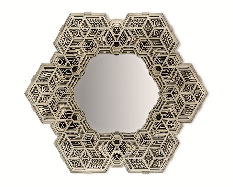 May include: A hexagonal mirror with a geometric, intricate wooden frame. The frame is made of multiple layers of wood, creating a 3D effect. The mirror is surrounded by a complex pattern of interlocking shapes.