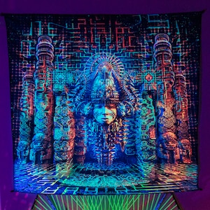 シピボスピリチュアルホームデコレーション、ミスティックUVタペストリー、瞑想背景、フェスティバルタペストリー、UVアクティブペインティング、ヨガギフト、ブラックライトデコレーション
