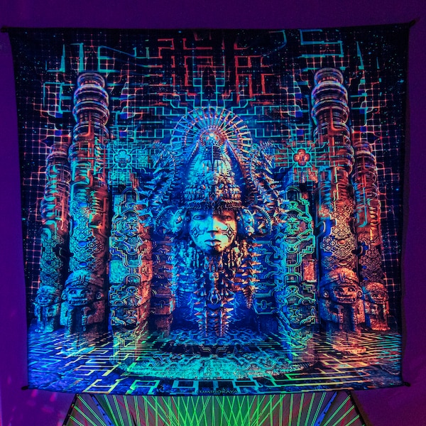 Shipibo Spiritual Home Decor, Mystic UV Tapestry, Meditation Backdrop, Festival Tapestry, UV Active Painting, Yoga Gift, Blacklight Decor