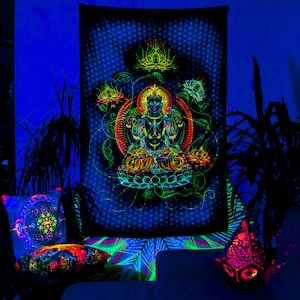 Arazzo di meditazione yoga ultravioletta, sfondo UV Psytrance Festival Deco, decorazione murale hippie Goatrance, banner di arte frattale visionaria