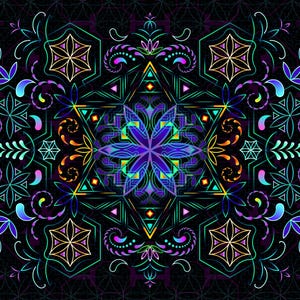 May include: A colorful, intricate mandala design with geometric shapes and floral patterns in shades of blue, green, purple, orange, and yellow on a black background.