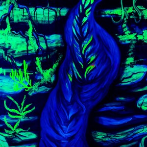 May include: Abstract painting with a dark blue background and bright green and yellow accents. The painting features a large, swirling blue shape in the center, surrounded by smaller green and yellow shapes. The painting has a vibrant and energetic feel.