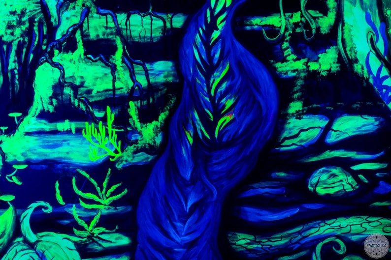 May include: Abstract painting with a dark blue background and bright green and yellow accents. The painting features a large, swirling blue shape in the center, surrounded by smaller green and yellow shapes. The painting has a vibrant and energetic feel.