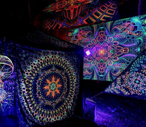Mandala Psytrance Party Backdrop, Fractal Tapestry, UV Art