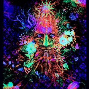 Psychedelic Wall tapestry, Blacklight Art Nature Backdrop, UV Fluorescent Glow Psyart, Trippy Visionary Wall Hanging, Psytrance Home Deco