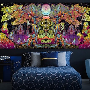 Trippy Blacklight Wall Art UV Active Sacred Backdrop Bohemian Wall Decor Spiritual Meditation Visionary Fractal Art Party Poster Trippy