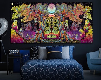 May include: A psychedelic tapestry featuring a large tree with a colorful, intricate design. The tree is surrounded by smaller figures and symbols, creating a vibrant and surreal scene.