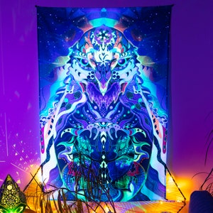 スピリチュアルな壁掛け、魔法の UV タペストリー、シュールな壁飾り、鳥のタペストリー、サイケデリック アート、ファンタジー UV タペストリー、シャーマニクなタペストリー