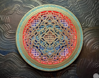 Sacred Geometry Wall LED Lamp, Shipibo Pattern, Wooden Mandala, Wood Wall Deco, Meditation Room Deco, Mandala Room Deco, Boho Yoga Art