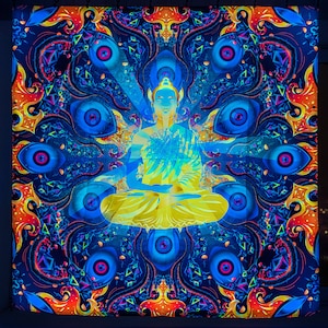 Fluorescent Sacred UV Backdrop, Buddha UV Tapestry, Hippie Gift, Mystical Trippy Wall Hanging, Meditation Home Deco, Psychedelic Art