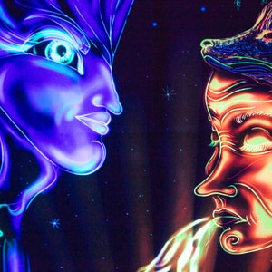 May include: A psychedelic artwork featuring two faces, one in blue and purple hues and the other in orange and green hues. The faces are outlined in black and appear to be looking at each other.