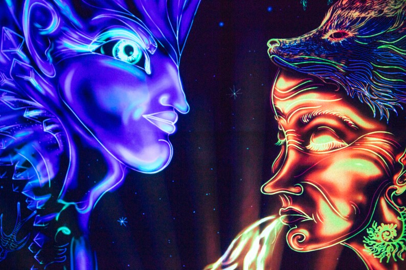 May include: A psychedelic artwork featuring two faces, one in blue and purple hues and the other in orange and green hues. The faces are outlined in black and appear to be looking at each other.