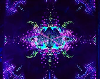 Peut inclure: Une affiche à lumière noire avec un motif psychédélique représentant un visage bleu et vert au centre entouré de lignes et de points tourbillonnants dans des tons de violet et de rose.