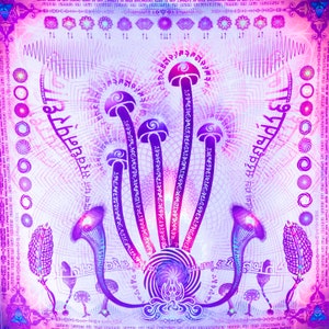 Puede incluir: Una impresi&oacute;n de arte psicod&eacute;lica con un grupo de setas moradas y rosadas con intrincados patrones y dise&ntilde;os en espiral. El fondo es una cuadr&iacute;cula blanca y morada con texto en varios idiomas.