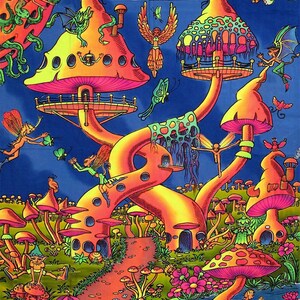 Psytrance UV Backdrop Mushroom Tapestry, Blacklight Active Backdrop, Trippy Art Wall Hanging, Spiritual Wall Deco Artwork Hippie Neon Glow