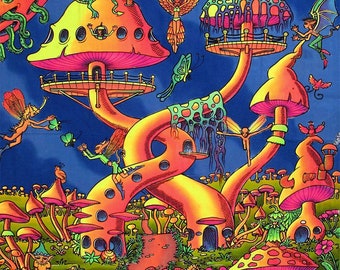 Tapiz de hongos con fondo UV de psytrance, fondo activo con luz negra, arte psicodélico para colgar en la pared, decoración espiritual de pared con brillo neón hippie.