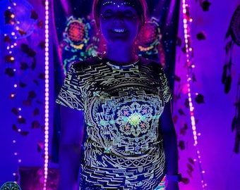 UV Reactive Clothing, Sacred Geometry Shirt, Psytrance T-shirt, UV Active Wear, Women Rave Outfit, Festival Outfit, Psytrance Party