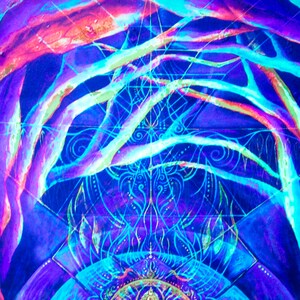 May include: Abstract psychedelic art painting with a blue, purple, and pink color scheme. The painting features a central mandala design with branches and swirls.