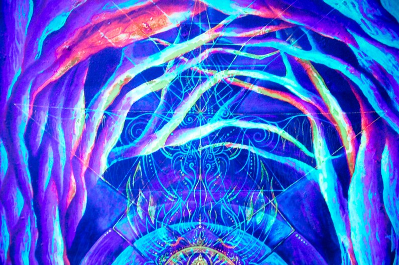 May include: Abstract psychedelic art painting with a blue, purple, and pink color scheme. The painting features a central mandala design with branches and swirls.