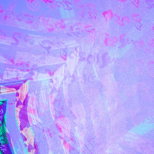 May include: Abstract digital art with a purple, pink, and blue color scheme. The image has a pixelated, glitched effect.