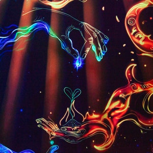 May include: Abstract painting with two hands reaching towards each other. One hand is outlined in blue and green, the other in red and orange. Both hands are holding a small, glowing blue orb. The background is black with a starry sky effect.