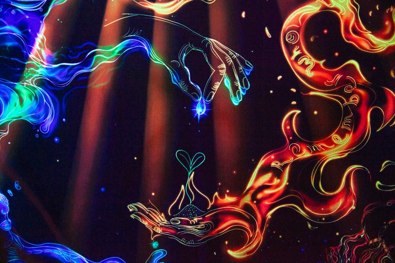 May include: Abstract painting with two hands reaching towards each other. One hand is outlined in blue and green, the other in red and orange. Both hands are holding a small, glowing blue orb. The background is black with a starry sky effect.