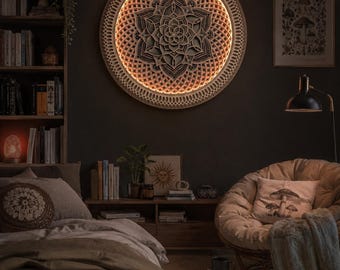Wall Round Wooden Bedside Lamp, Psychedelic Zen Lamp, Color Changing  Lighting, Flower of Life Lotus Art, High Vibration Healing Wall Deco