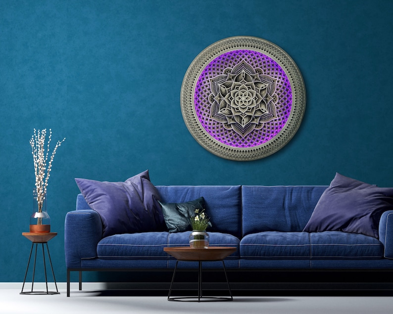 Wall Wooden Bedside Lamp, Psychedelic Lamp, Wooden Lamp, Wood LED Lamp, Bohemian Lamp, Boho Lamp, Flower of Life Art, Mandala Wall Art image 4