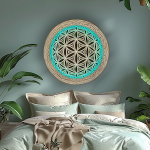 Flower of Life Spiritual Round Lamp, Glowing Led Light, Mindfulness Decor, Above Bed Deco, Mood Lighting, Yoga Room Decoration, Mandala Gift