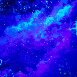 May include: Abstract painting with a blue and purple background. The painting has a galaxy-like appearance with white and blue stars and swirls.